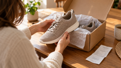 Osoba sprawdza but wyjęty z paczki; obok leży paragon — grafika ilustracyjna.
